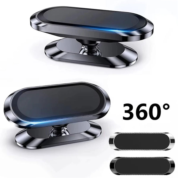 A black magnetic car phone holder with a glowing blue light and various mounting options.