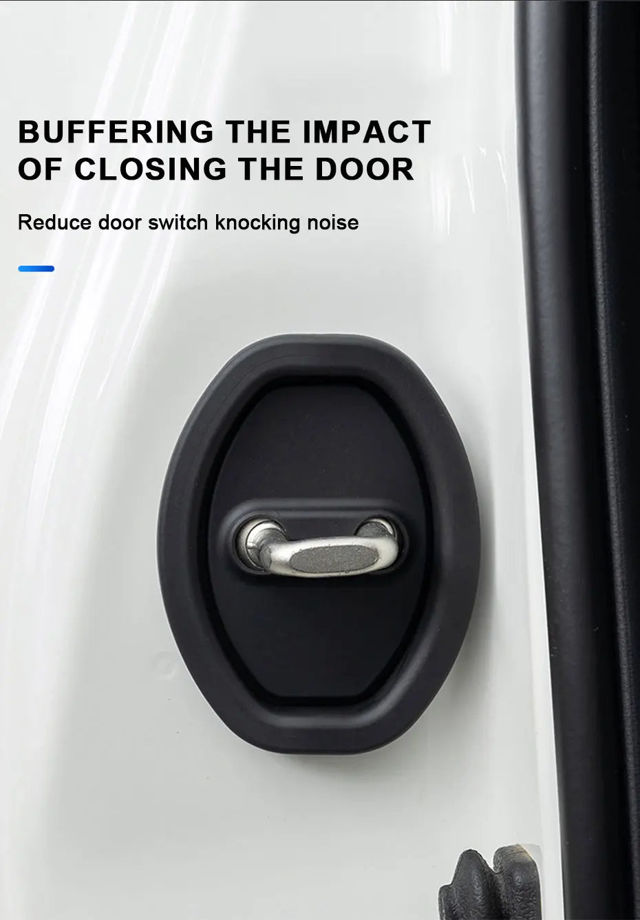 Gros plan d'un mécanisme de serrure de porte noire avec des rondelles de protection en silicone sur une porte de voiture blan