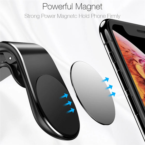 Sujetador magnético negro para teléfono con clip de ventilación de aire que sostiene un smartphone firmemente.
