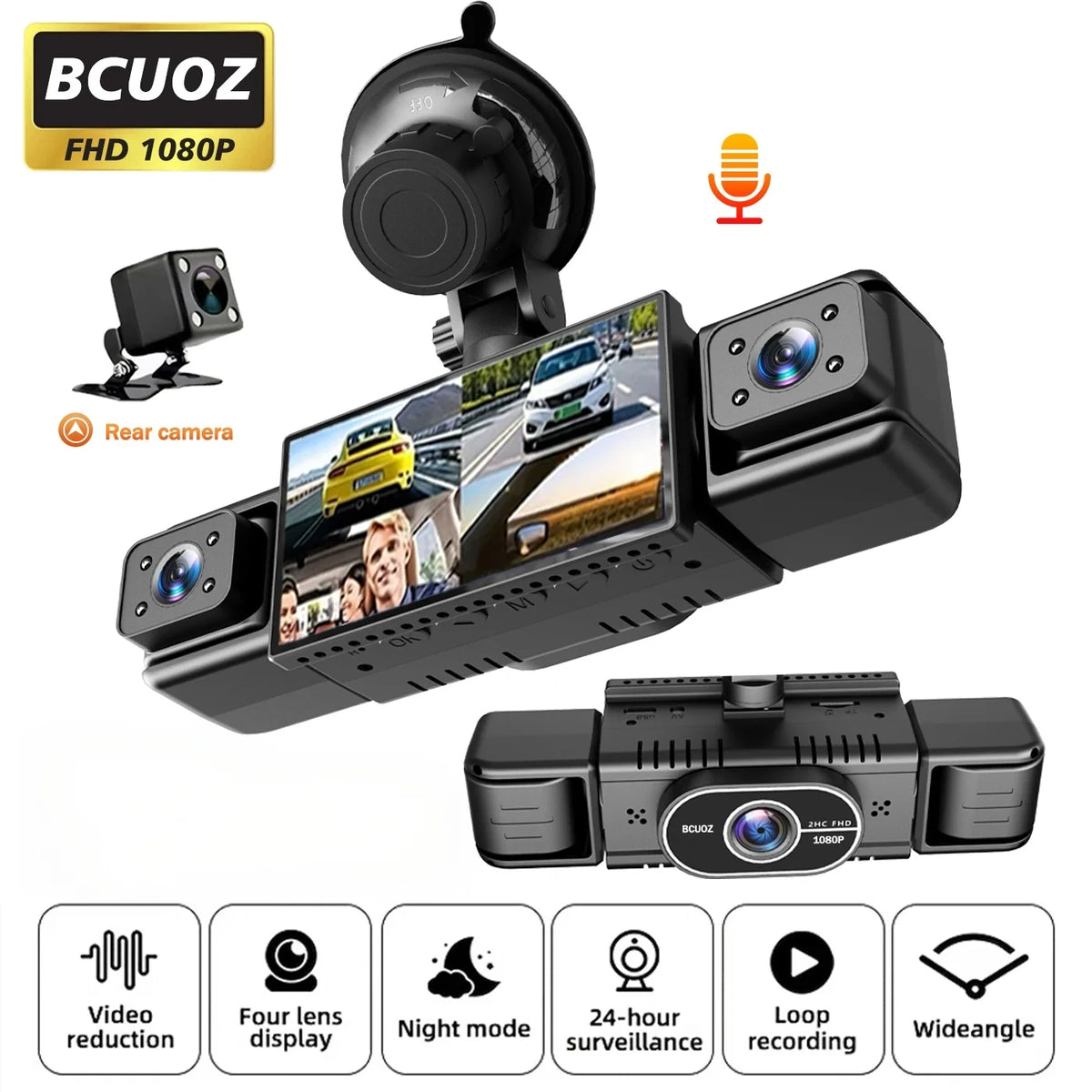 A black dashcam featuring four lenses, a microphone, and various features like video reduction and loop recording.