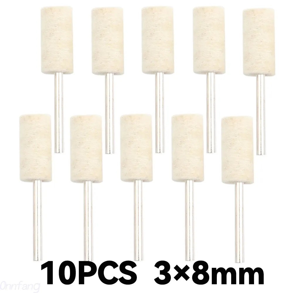 Ten pieces of beige wool felt polishing buffing wheels with 8mm diameter shafts.