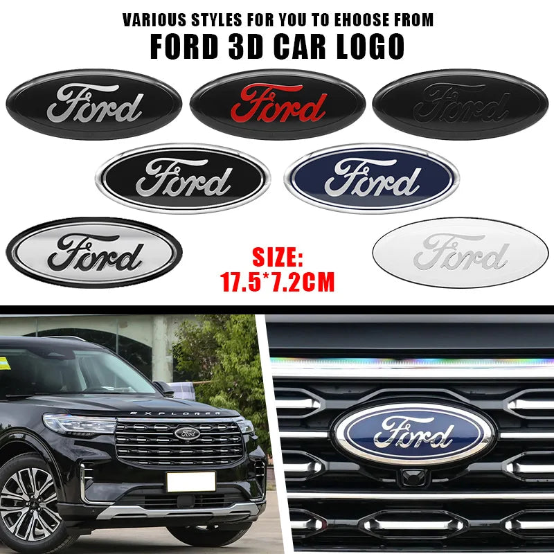 Various styles of Ford 3D car logo decals and emblems shown for vehicle customization.