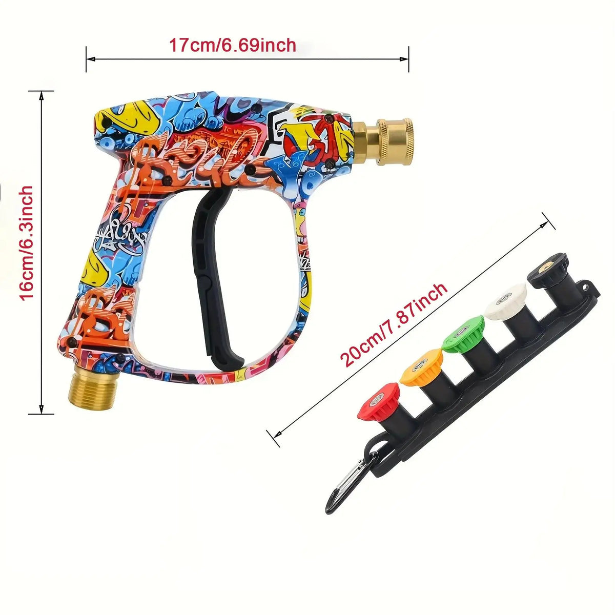 A colorful high-pressure water gun with a handle and nozzle, shown next to its dimensions.