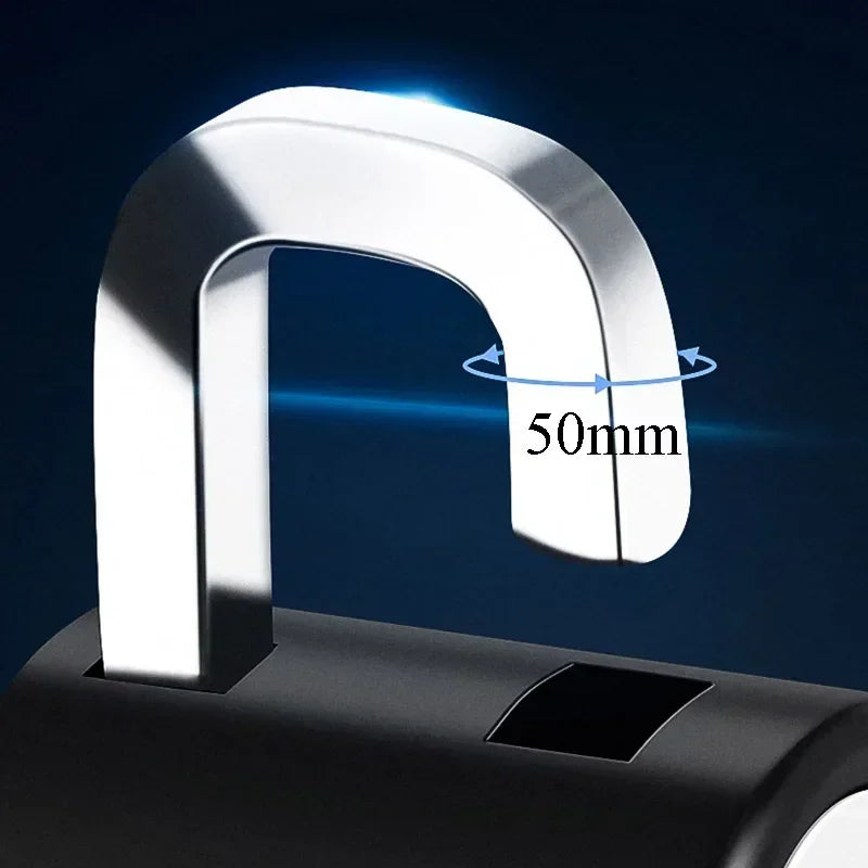 A close-up of a silver heavy duty anti-theft helmet lock with a 50mm measurement mark.