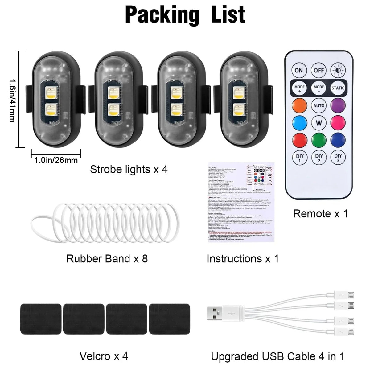 Packing list showing strobe lights, rubber bands, velcro, and an upgraded USB cable for a multi-color LED product.