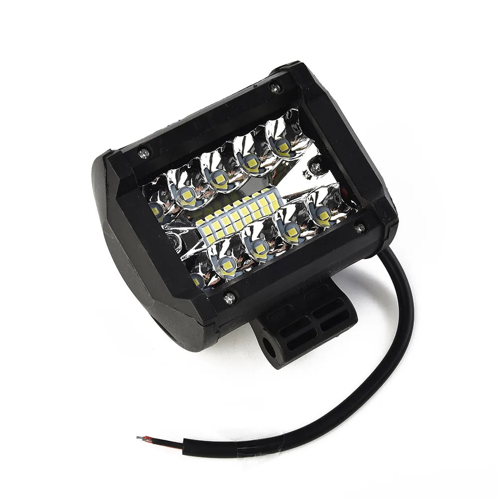 A black high-intensity LED off-road flood bar with multiple bright LED lights and a cable.