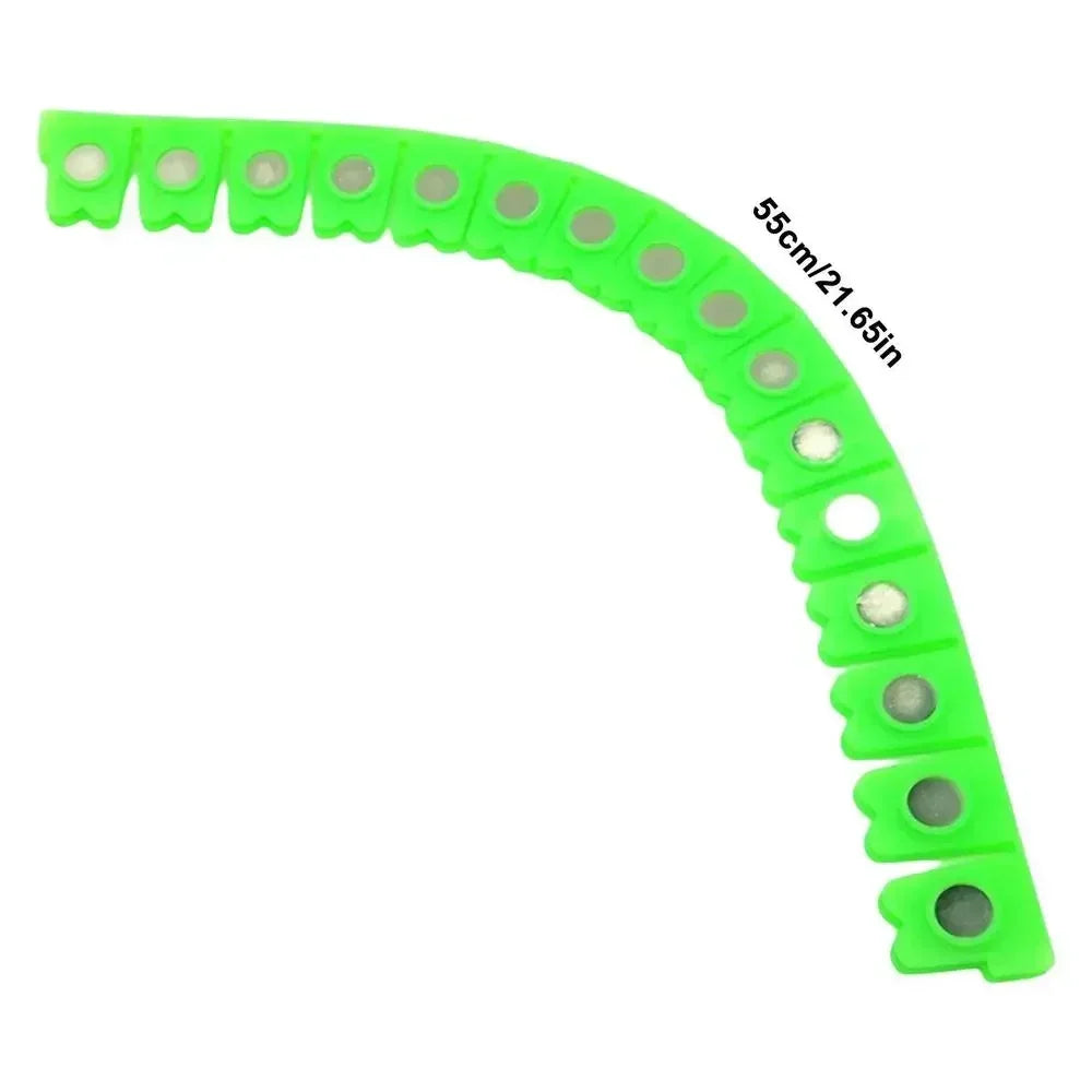 A curved strip of bright green magnetic material used for car sheet metal dry grinding.