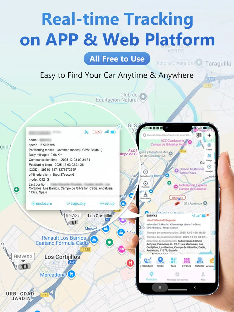 A smartphone screen shows a real-time tracking map of a car on an app, overlaid on a street view.