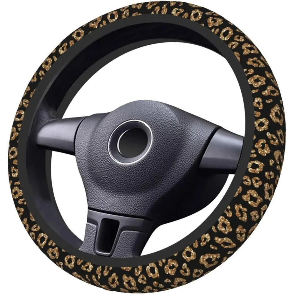 Black steering wheel cover with a leopard cheetah print pattern.