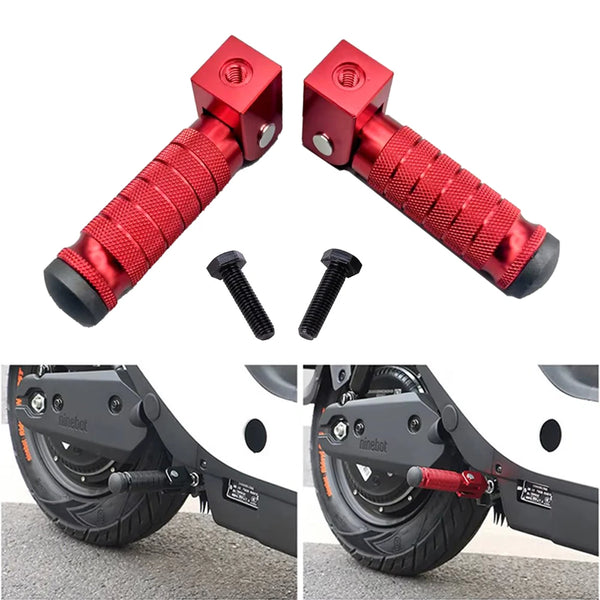 A pair of red foldable aluminum alloy foot pegs with threaded ends shown alongside their installation on a vehicle wheel.