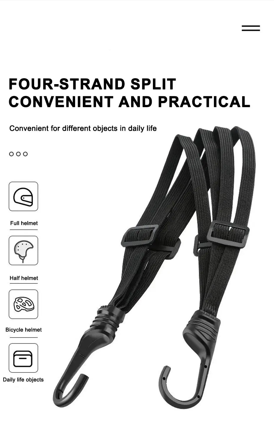 Black four-strand split helmet and daily life object strap kit shown in a vertical layout.