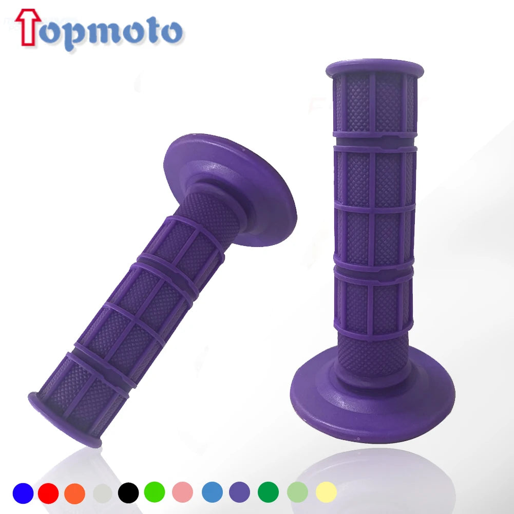 Purple gel rubber handlebar grips for dirt bikes shown in various colors.