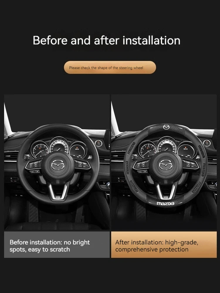 Comparaison avant et après installation d'une housse de volant en fibre de carbone pour une Mazda.
