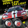 A pair of red LED car eye lights are shown with a remote control and a red sports car in motion.
