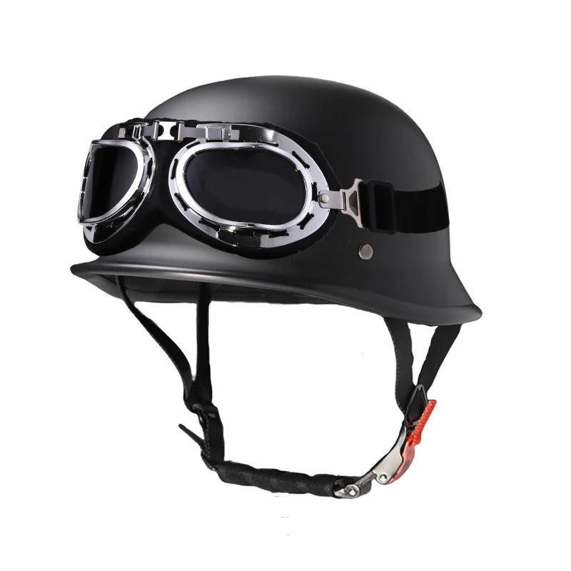 Black universal half-helmet motorcycle and EV safety gear with clear goggles