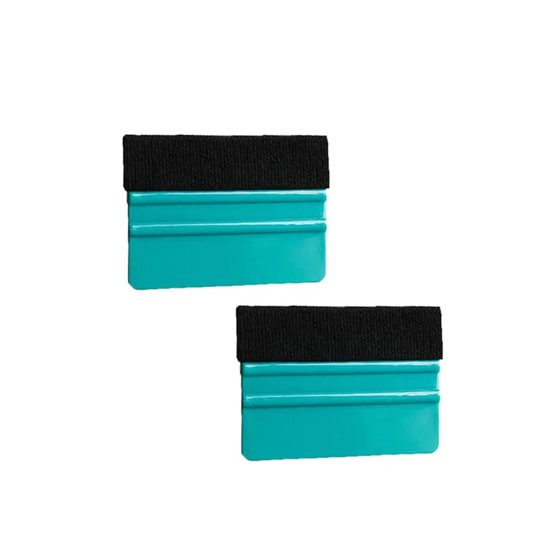 A pair of blue felt squeegee tools with black rubber pads for removing vinyl decals and film.