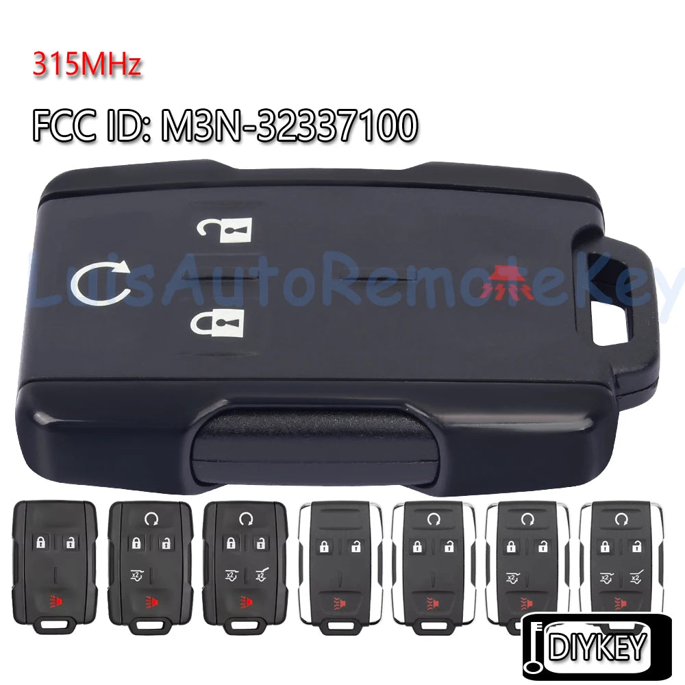 Black multi-button remote key fob with multiple buttons and a diykey tool shown next to several replacement keys