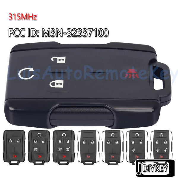 Black multi-button remote key fob with multiple buttons and a diykey tool shown next to several replacement keys