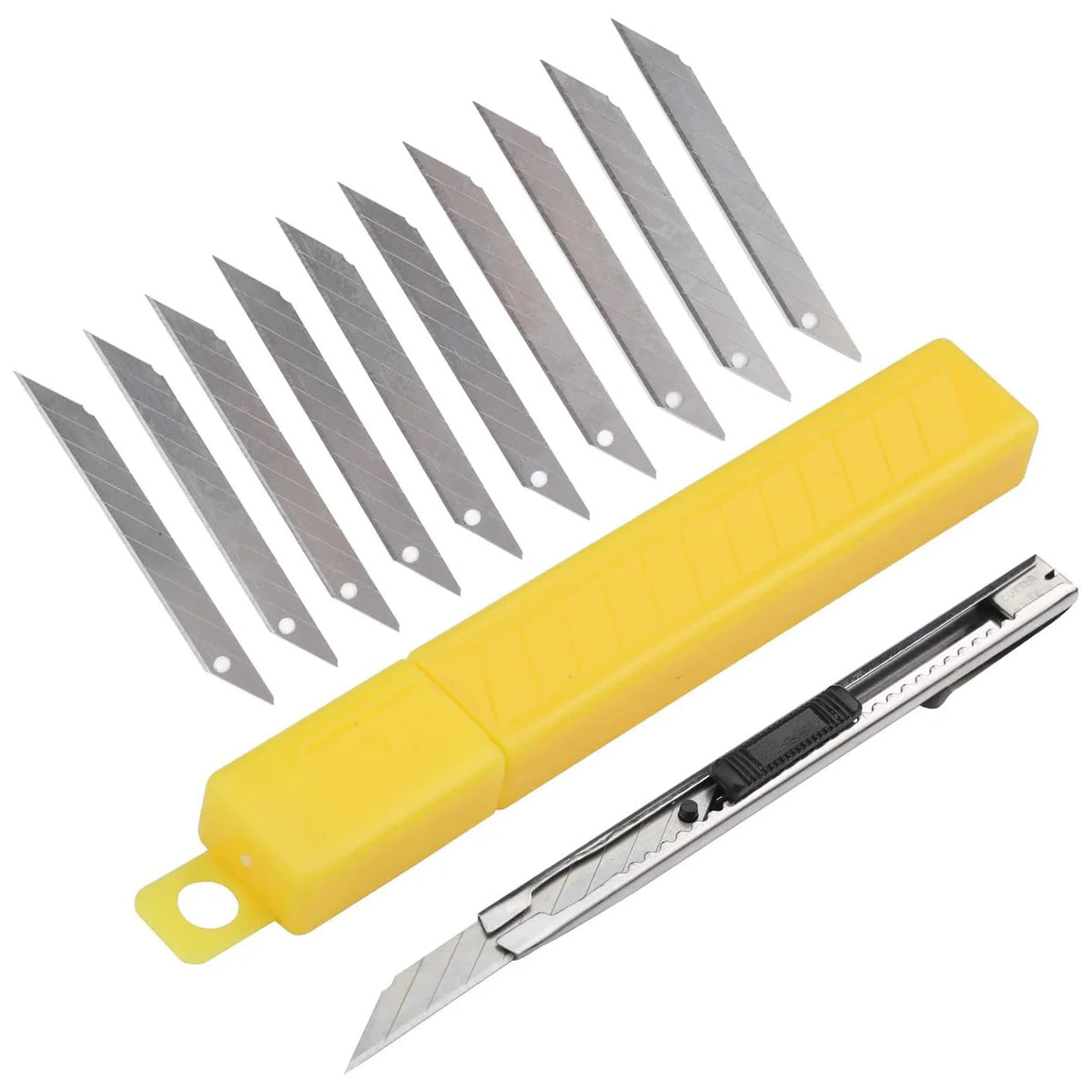 Kit de herramientas amarillo con múltiples cuchillas metálicas para vinilo profesional y tintado de ventanas.