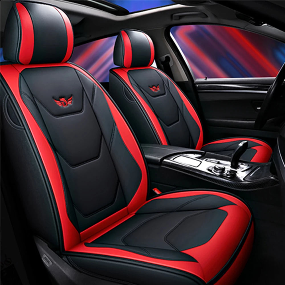 Black and red universal car seat covers for Hyundai and Kia models shown in a vehicle interior.