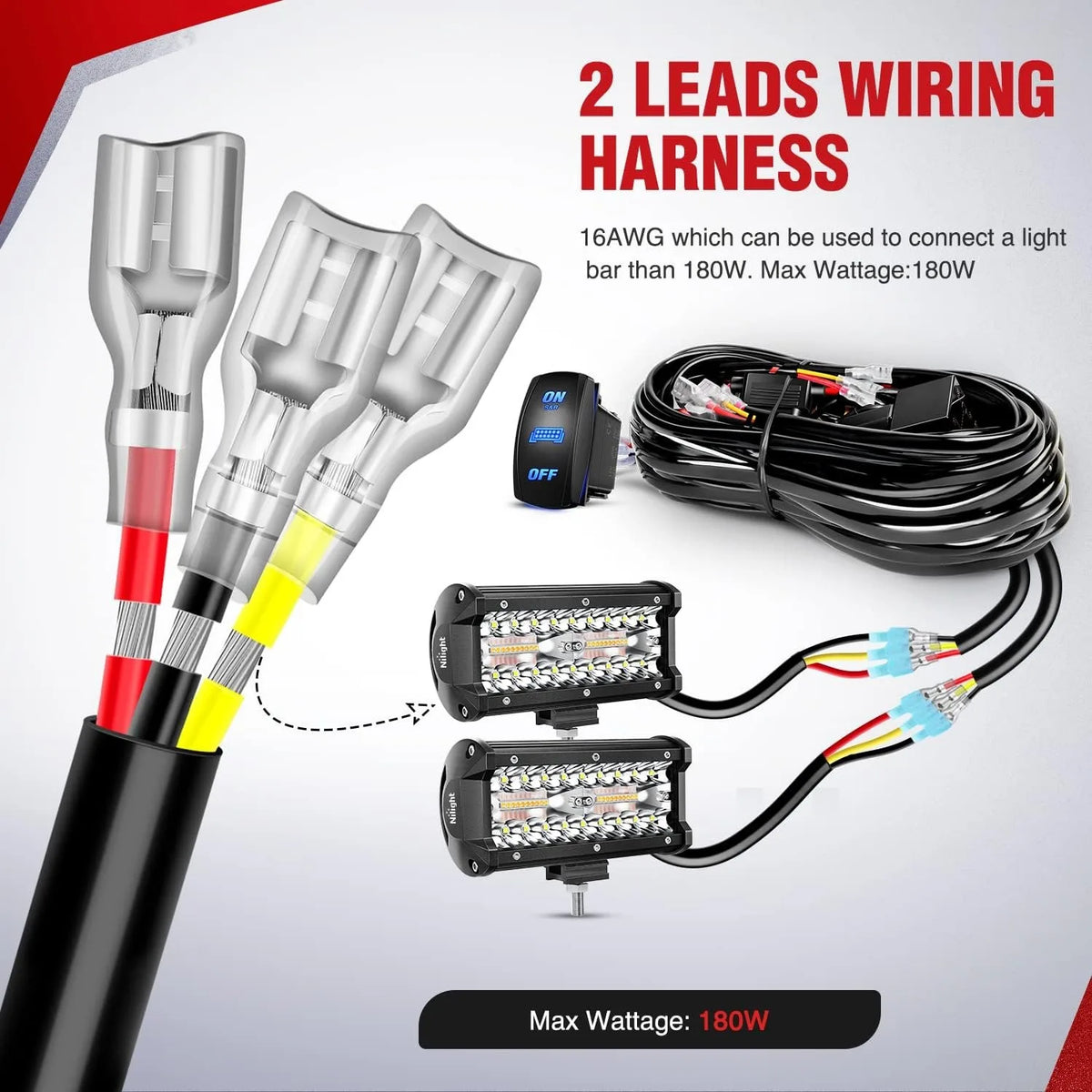 Kit de faisceau électrique pour connecter une barre lumineuse, avec deux fils et des lumières stroboscopiques LED.