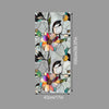 A vertical illustration featuring stylized black and white birds and colorful floral elements on a light gray background.