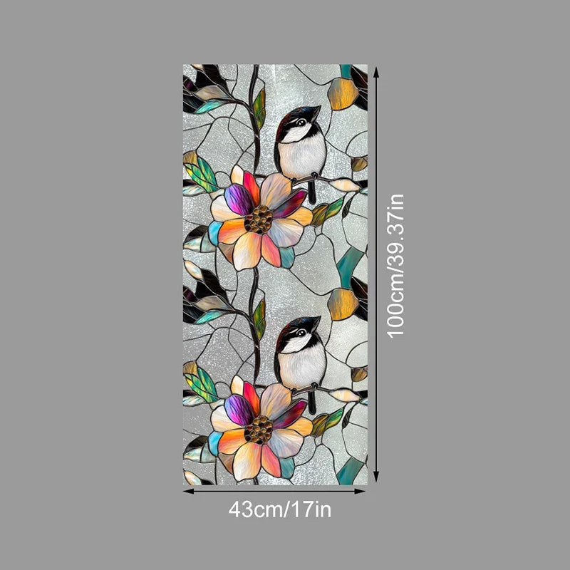 A vertical illustration featuring stylized black and white birds and colorful floral elements on a light gray background.