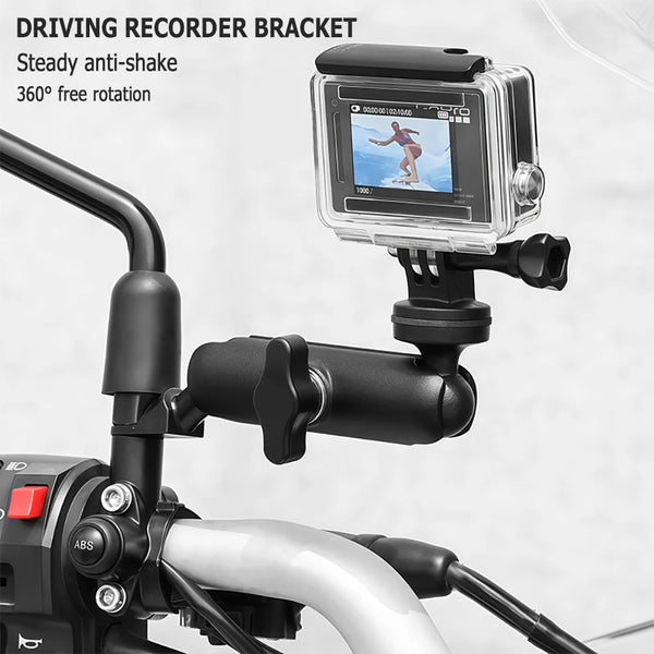 A driving recorder bracket mounted on a motorcycle handlebar, showing a camera view.