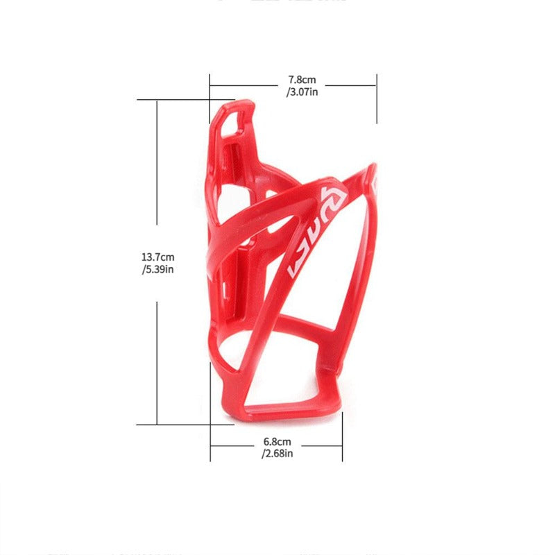 Red lightweight plastic bicycle bottle holder rack shown in a side view with dimensions.
