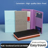 Set multifunktionale Karten- und Münzwallets in verschiedenen Farben und Materialien, darunter ein lila Etui und schwarzes Le