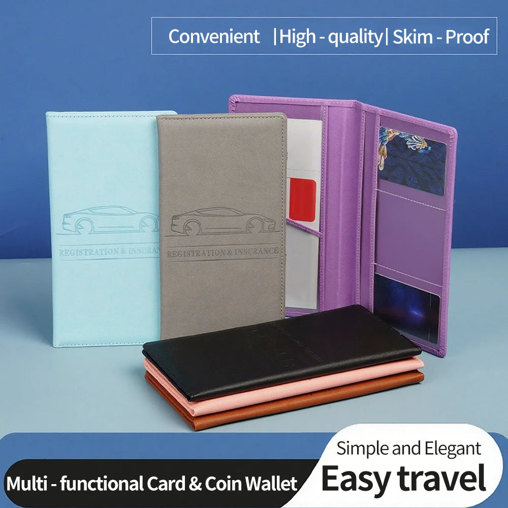 Set multifunktionale Karten- und Münzwallets in verschiedenen Farben und Materialien, darunter ein lila Etui und schwarzes Le