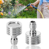 A hand is using a high-pressure stainless steel shower head nozzle to spray water onto plants.