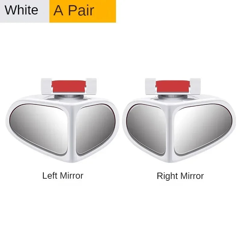 A pair of white 360° adjustable car blind spot mirrors, shown as left and right mirrors.