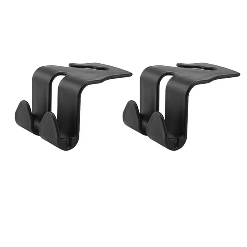 Black universal car seat back headrest storage hooks for securing items.