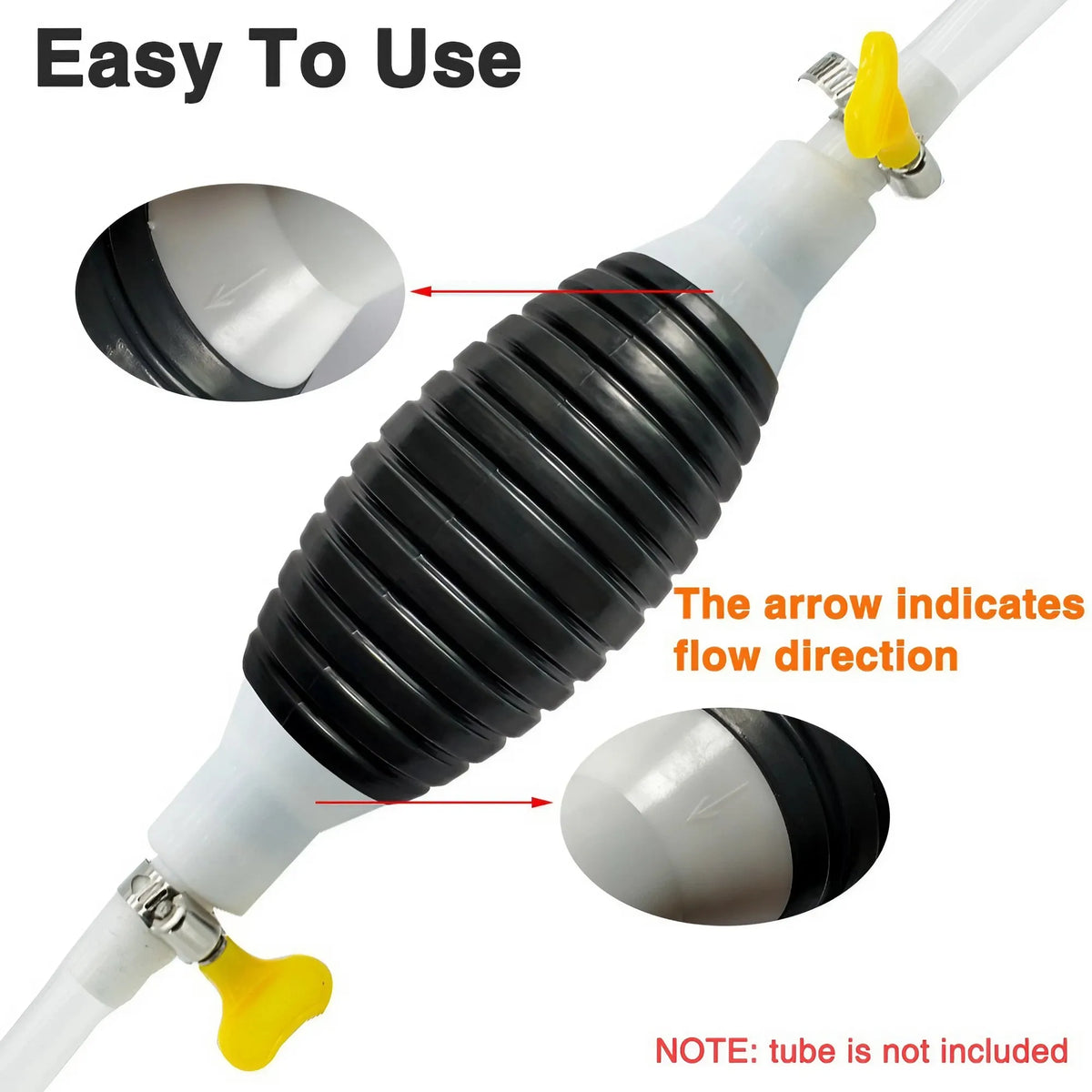 A close-up view of a black corrugated tube with an arrow indicating flow direction, part of a portable fuel and water transfe