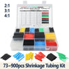 A kit containing various colored heat shrink tubing in different sizes and ratios for electrical insulation.