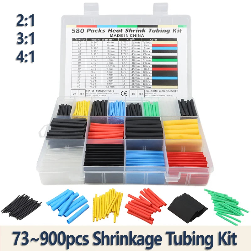 A kit containing various colored heat shrink tubing in different sizes and ratios for electrical insulation.