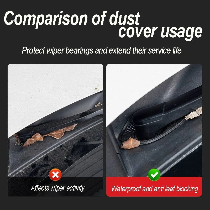 Comparison showing a dust cover protecting wiper bearings and preventing leaf blockage on a windshield.