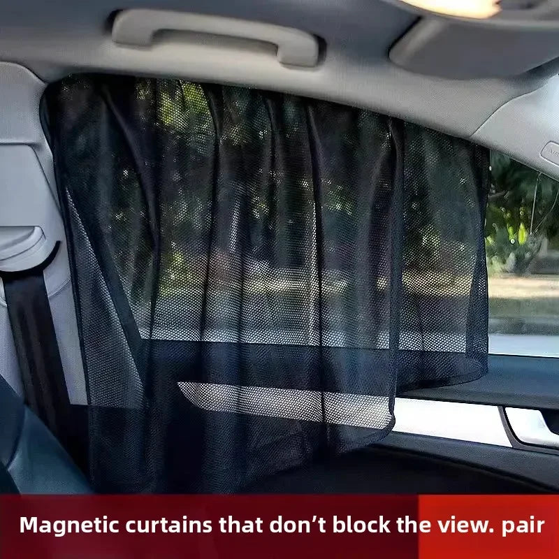 Black magnetic curtains used as a car window sunshade for UV protection.