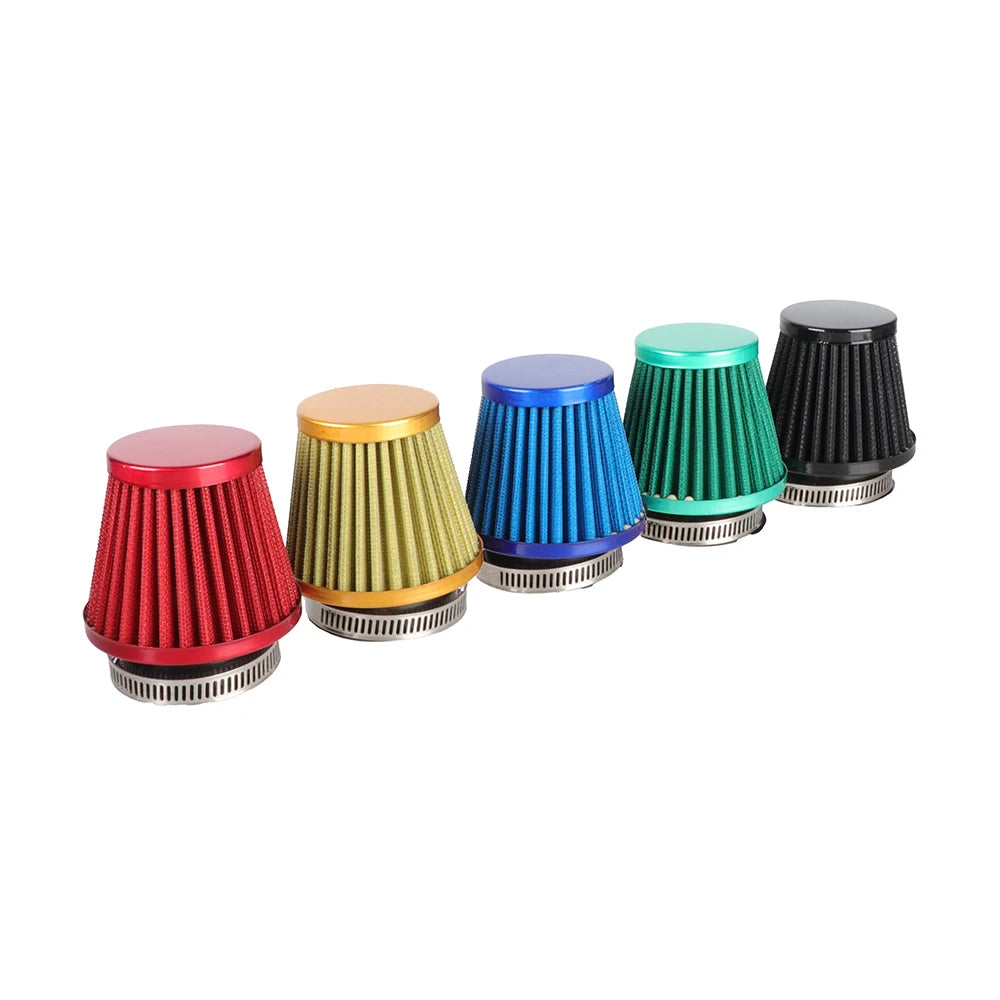Un jeu de quatre kits d'induction pour filtres à air de moto de différentes couleurs, y compris rouge, or, bleu et vert.