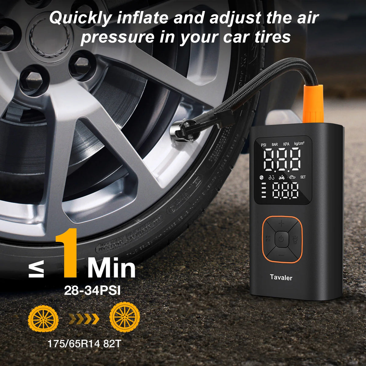 A portable digital tire inflator is shown inflating a car tire, with a gauge displaying 8.0 PSI and instructions for adjustin