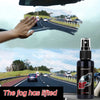 A bottle of Prepinfoam anti-fog glass spray is shown next to a view of a road with traffic.