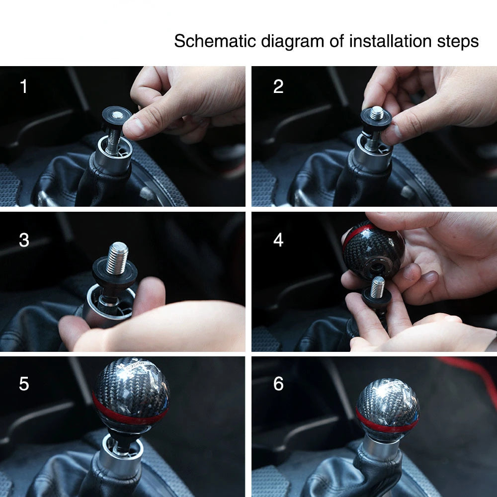 Six steps showing the installation of an aluminum matte ball shift knob for a Honda manual transmission.