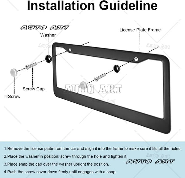 Installation guide showing steps to install a license plate frame onto a vehicle.