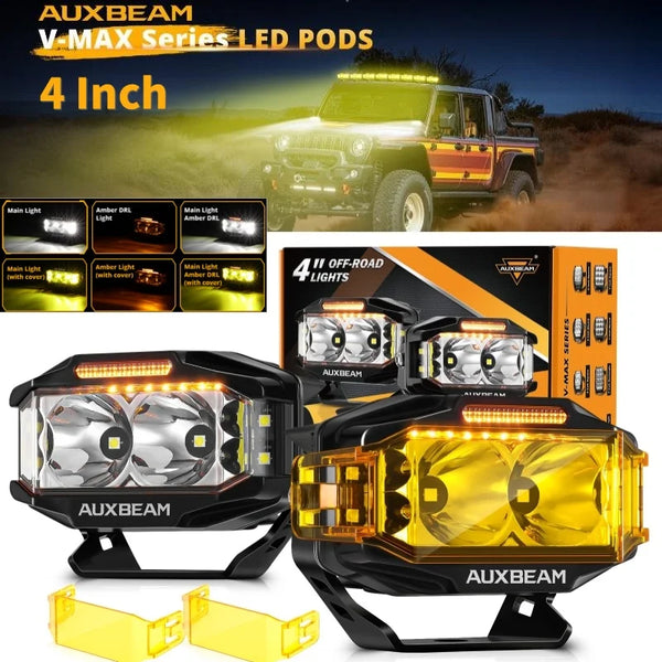 A set of AUXBEAM V-MAX Series 4 inch LED off-road driving lights and related accessories.