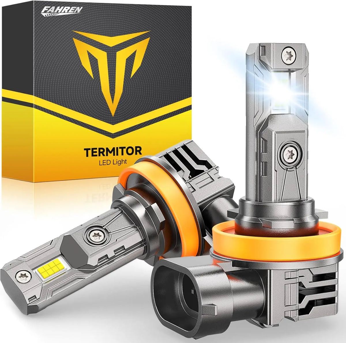A set of automotive LED lights, including a main light and a reflector, displayed next to its packaging box.