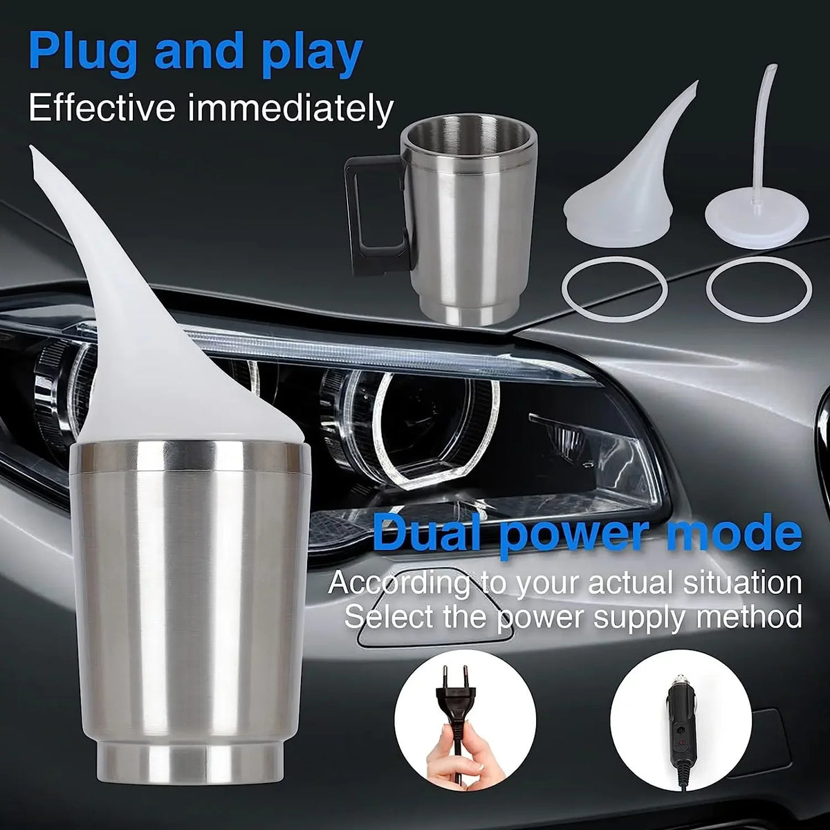 A silver and white plug and play headlight restoration kit shown in a car context with various tools.