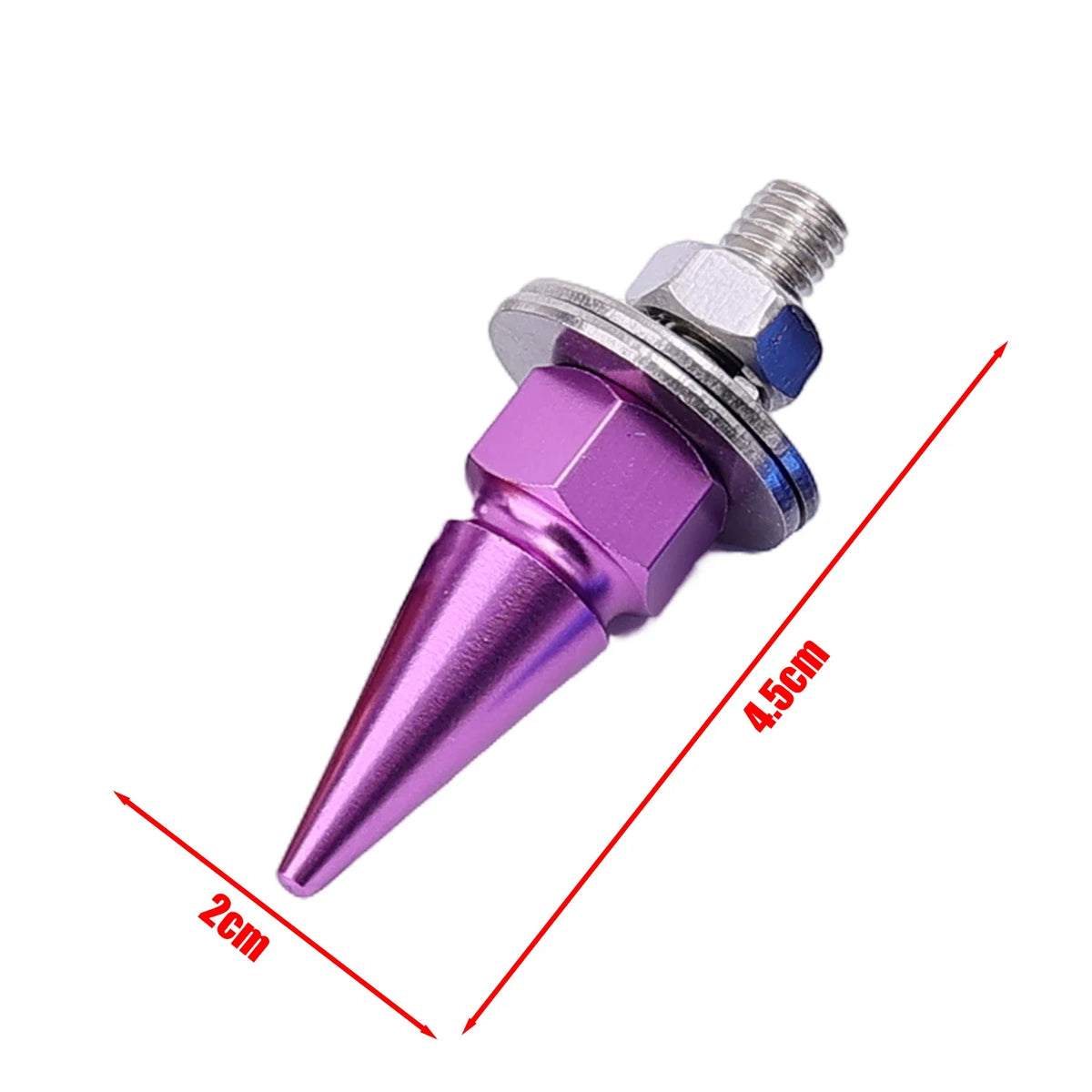 Boulon de montage de plaque d'immatriculation M6 fileté argent et violet avec pointe, sur fond blanc.