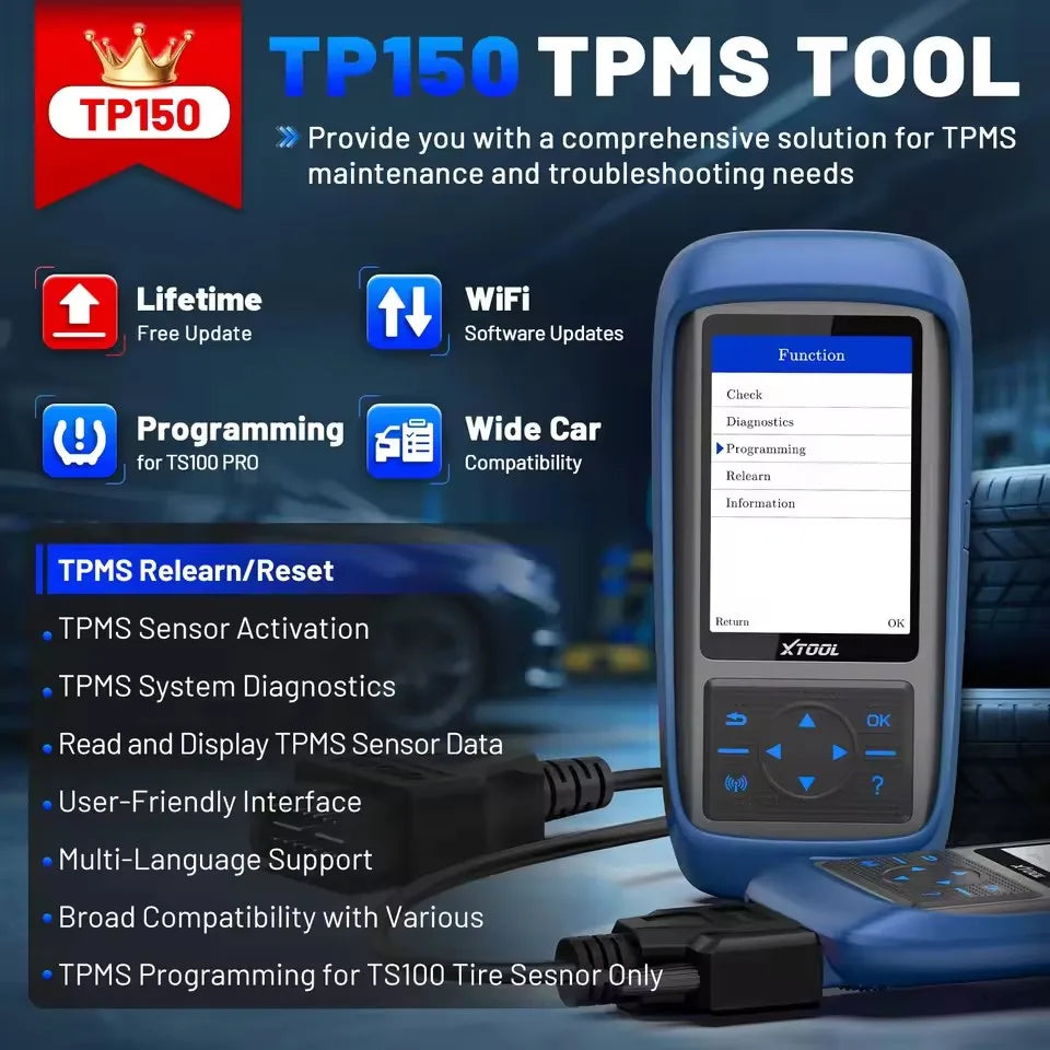 A blue TP150 TPMS tool is shown with various diagnostic functions and compatibility features.