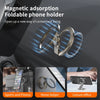 Magnetic adsorption foldable phone holder shown in various contexts for sports, home helper, and leisure office use